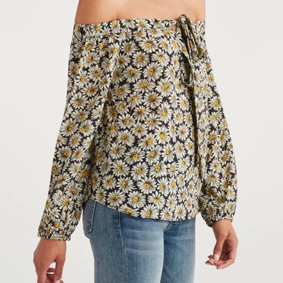 7 for all mankind CROSS STRAP BLOUSE top IN DAISY PRINT sz small off shoulder - Picture 3 of 7